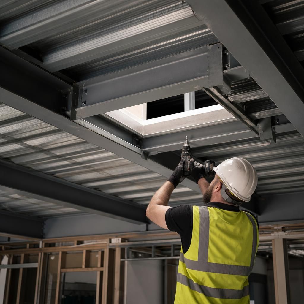 Steel beams and secondary framing around a ceiling service opening