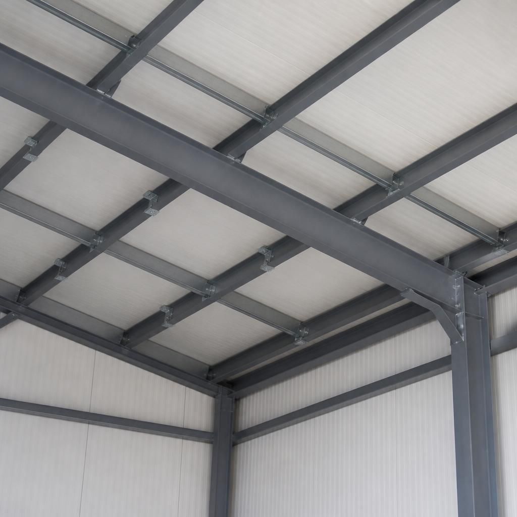 Steel ceiling members connected to the frame inside a building