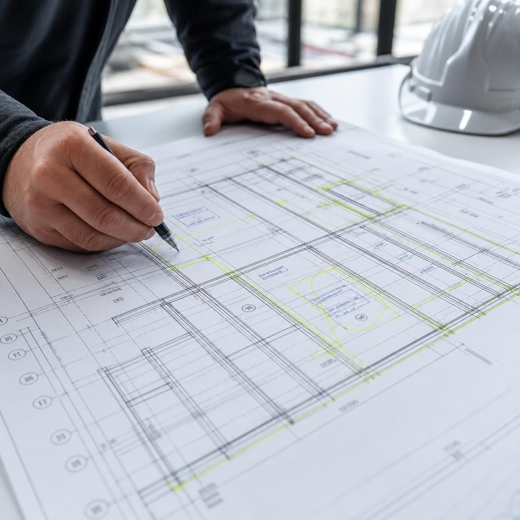 Steel ceiling framing plan showing support lines, openings and component dimensions