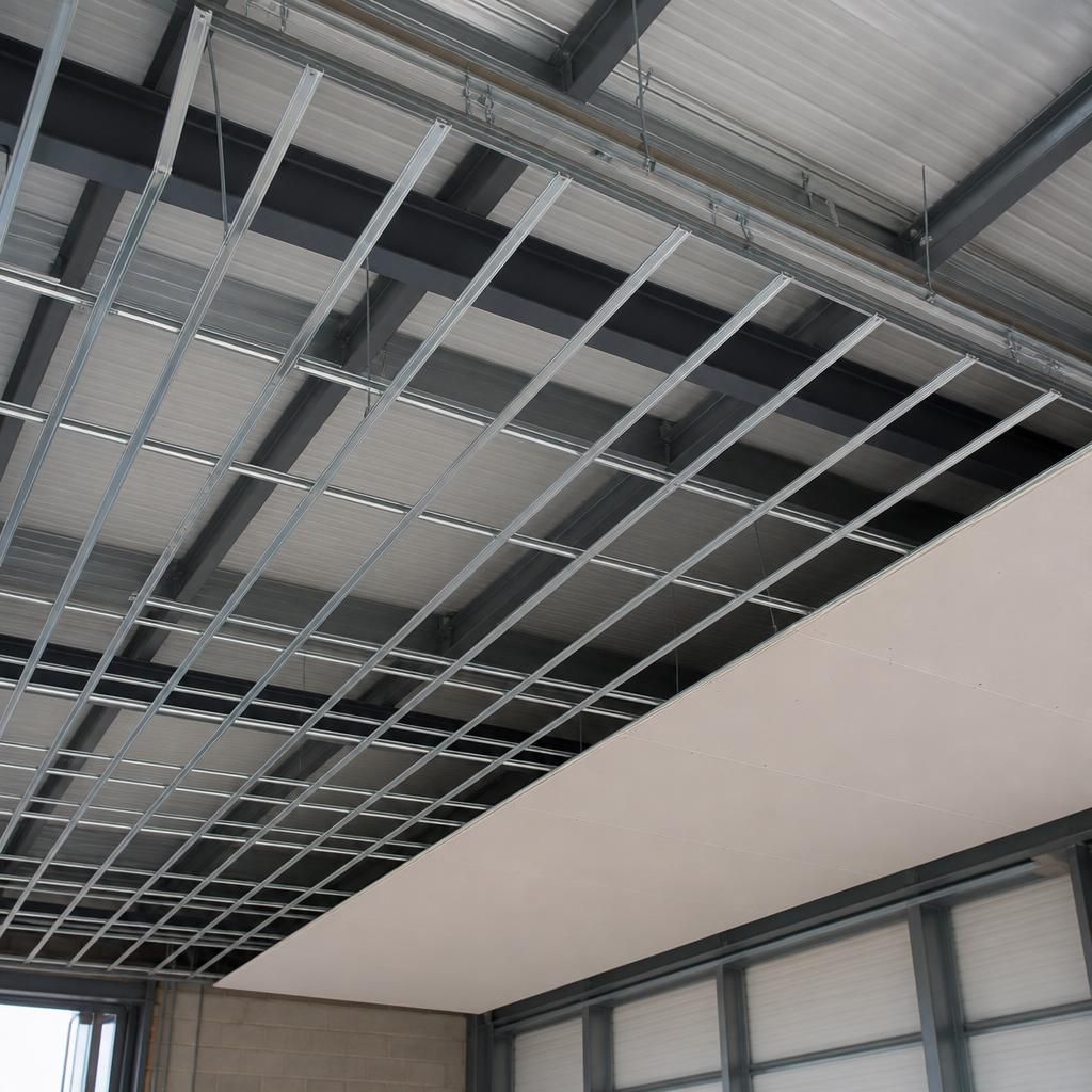 Steel ceiling components with secondary channels prepared for a plasterboard lining