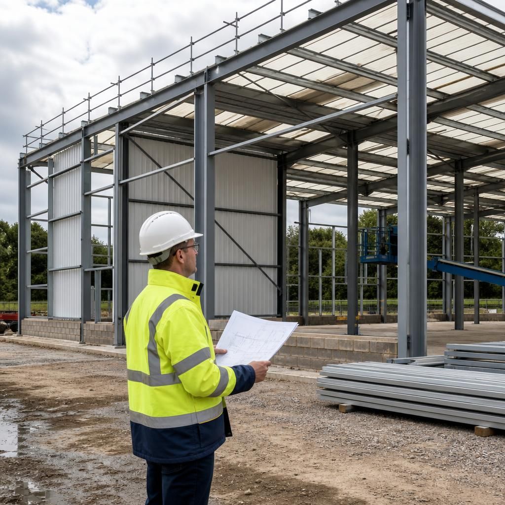 Steel frame structure with roof and wall panels under construction