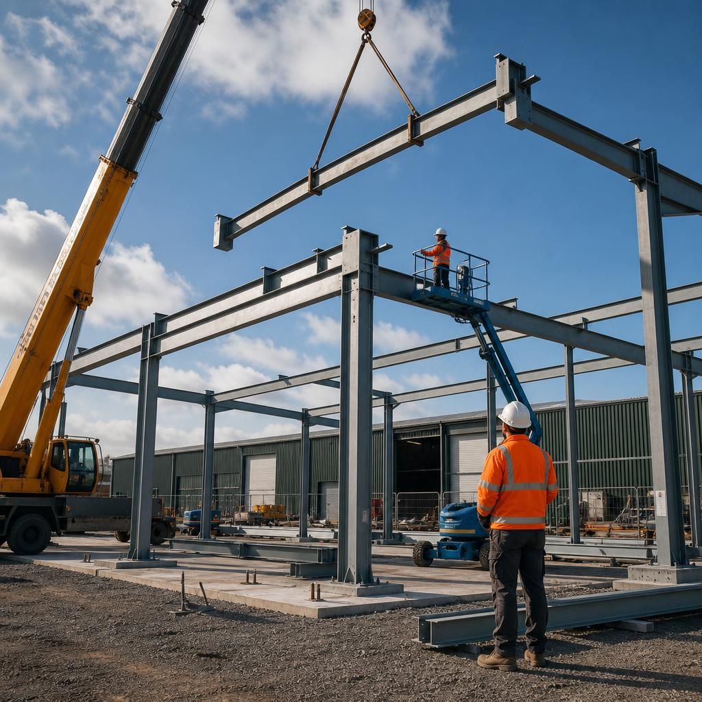Steel columns and rafters being lifted into position during building assembly