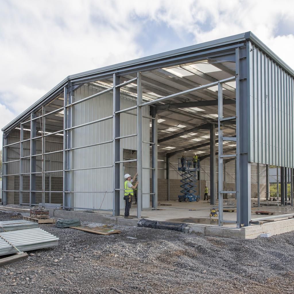 Steel frame building with roof and wall cladding under construction