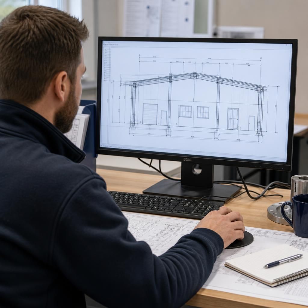 Steel frame elevation drawing showing roof profile, structural bays, doors and windows