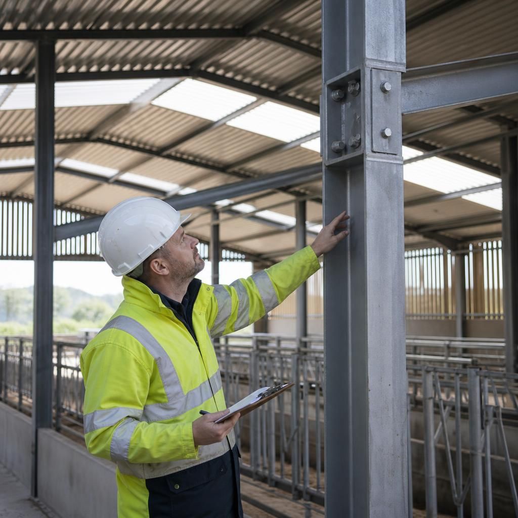 Technician inspecting steel columns, roof cladding and connection details inside an agricultural building