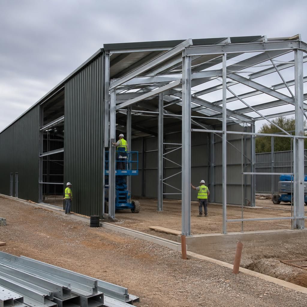 Steel frame building with a newly added extension bay under construction