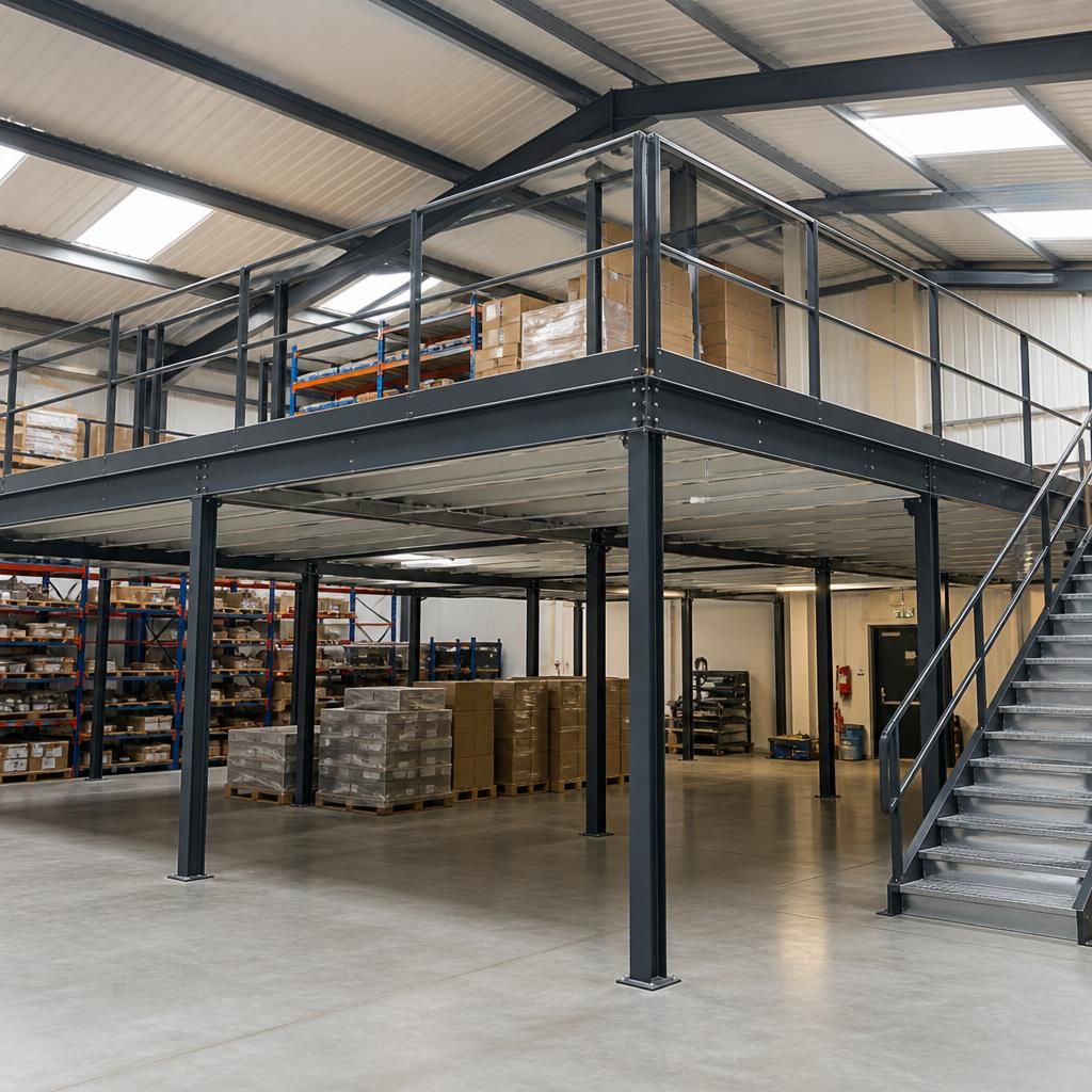 Steel mezzanine floor supported by internal columns inside a framed building