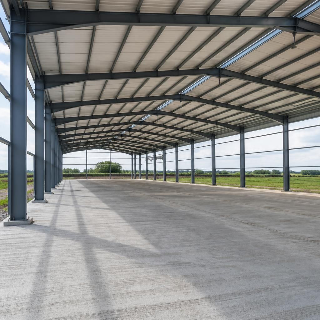 Wide clear-span steel portal frame with columns, rafters and an open internal floor area