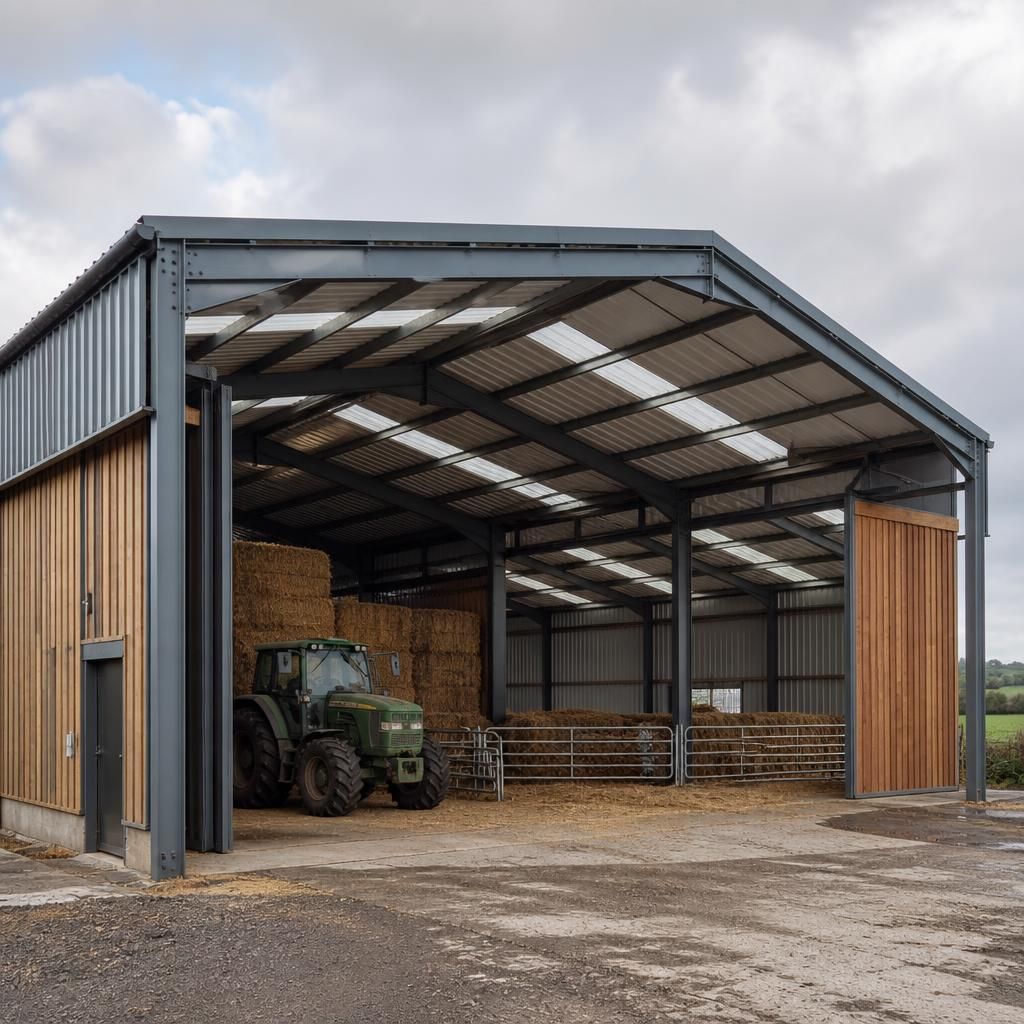 Steel portal frame enclosing an agricultural storage building with wide access doors