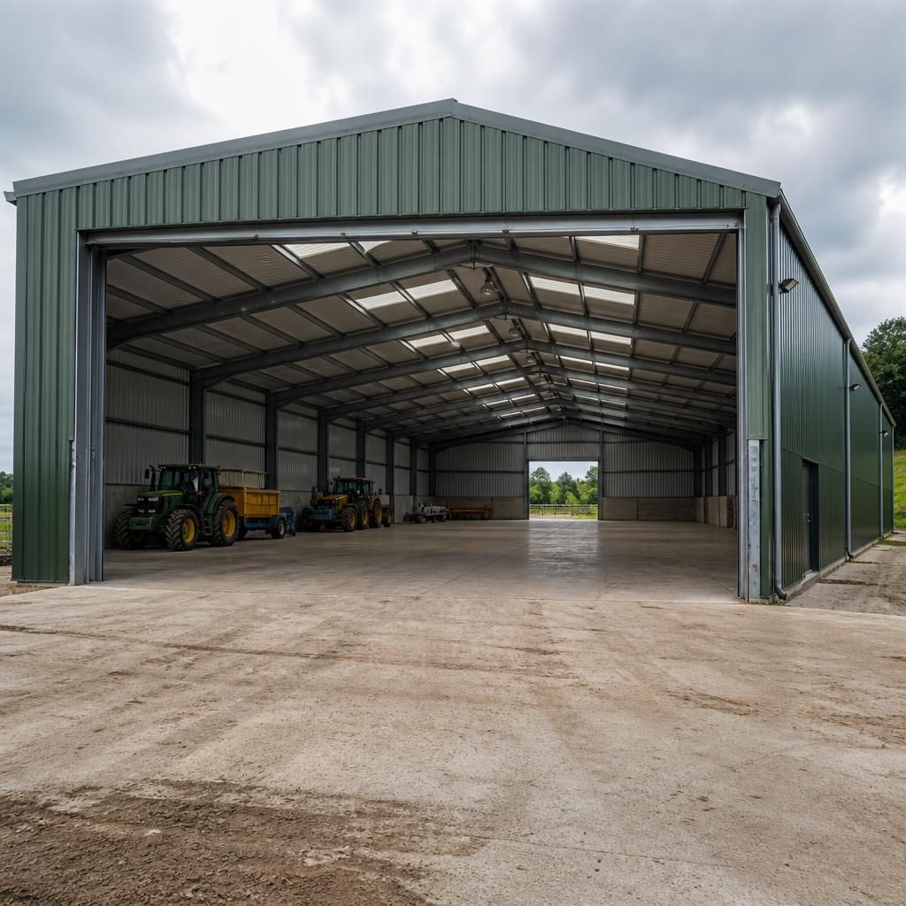 Steel framed agricultural building with wide access doors and open internal floor space