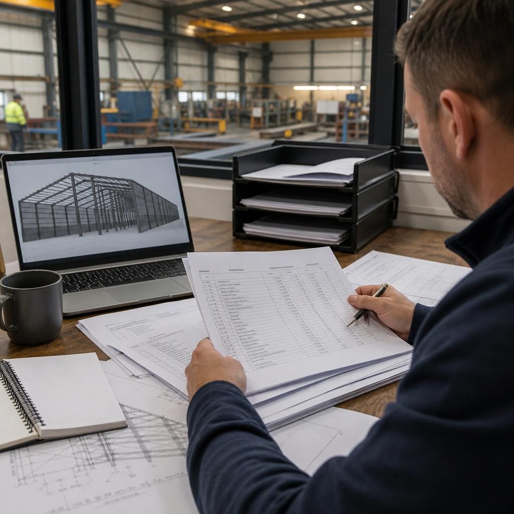 Itemised steel building quotation beside structural drawings and component details