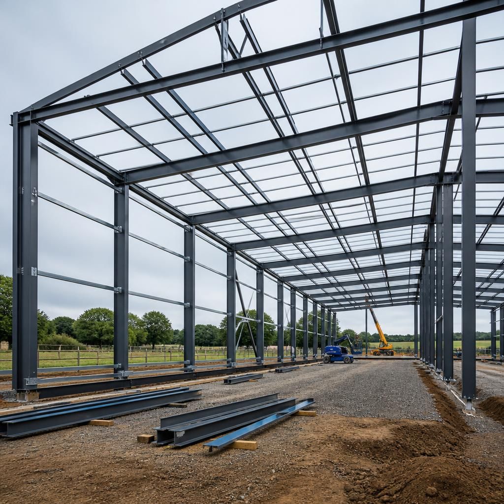 Hot rolled steel frame with open bays and roof trusses under construction