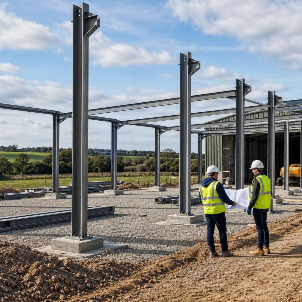 Steel frame columns positioned around an agricultural building site