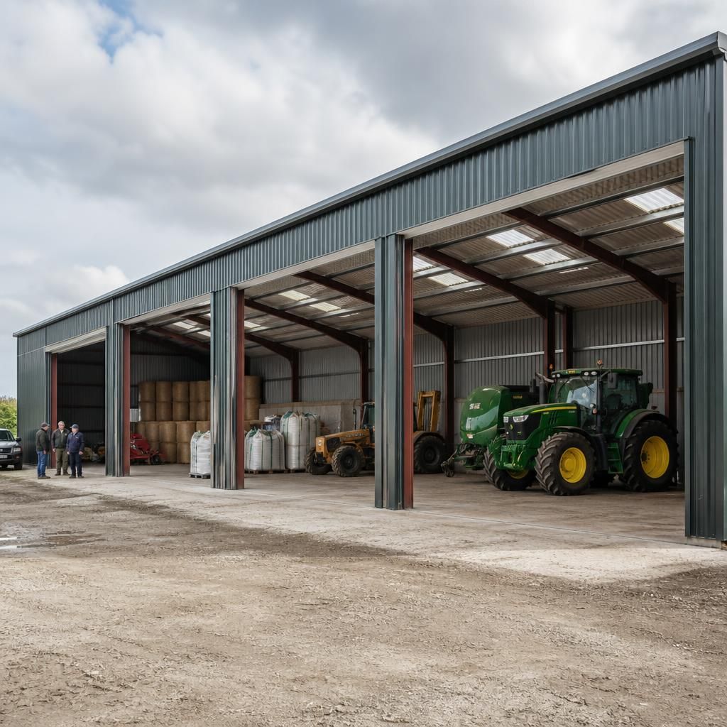 Steel-framed farm building with machinery, storage bays and wide access doors