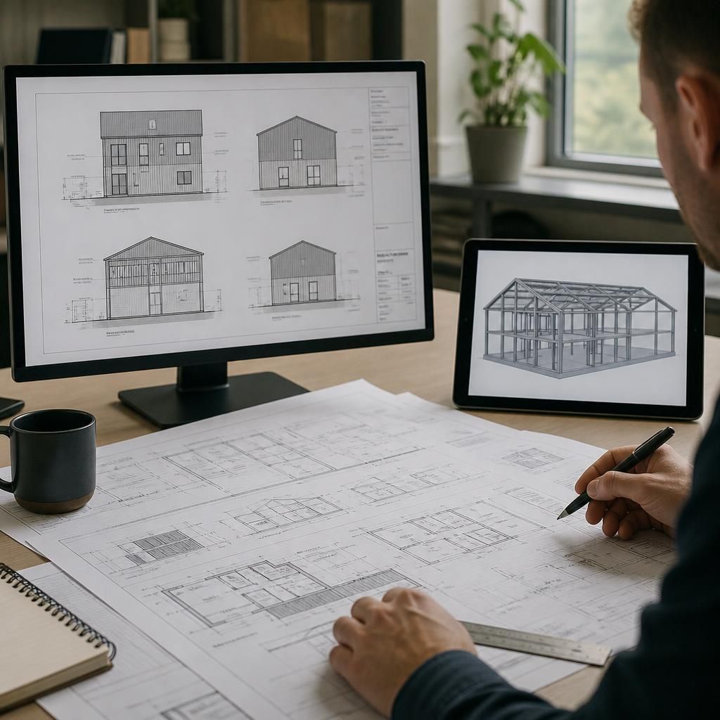 Architectural plans and elevations for a proposed steel-framed home