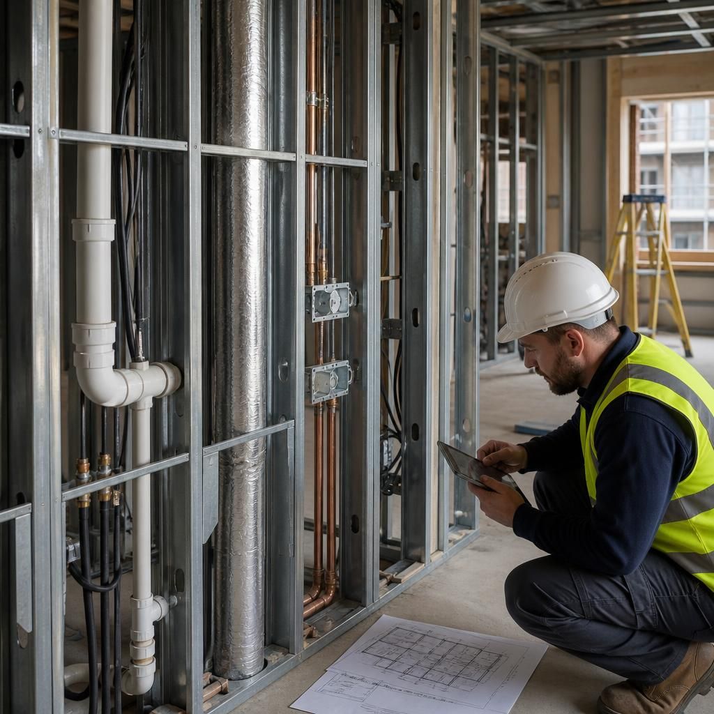Steel frame wall with pipes, electrical cables and ventilation ducts routed through service zones