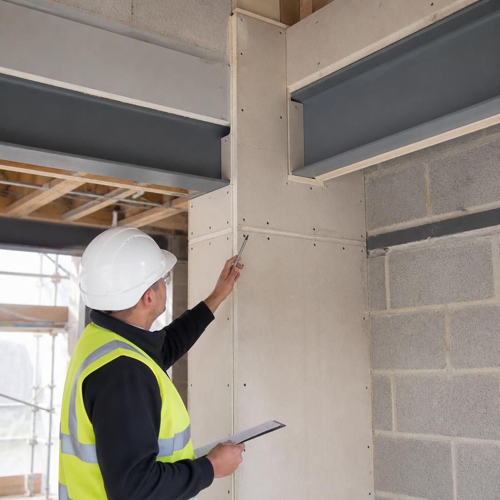 Steel beams enclosed by fire-resisting boards at a wall and floor junction