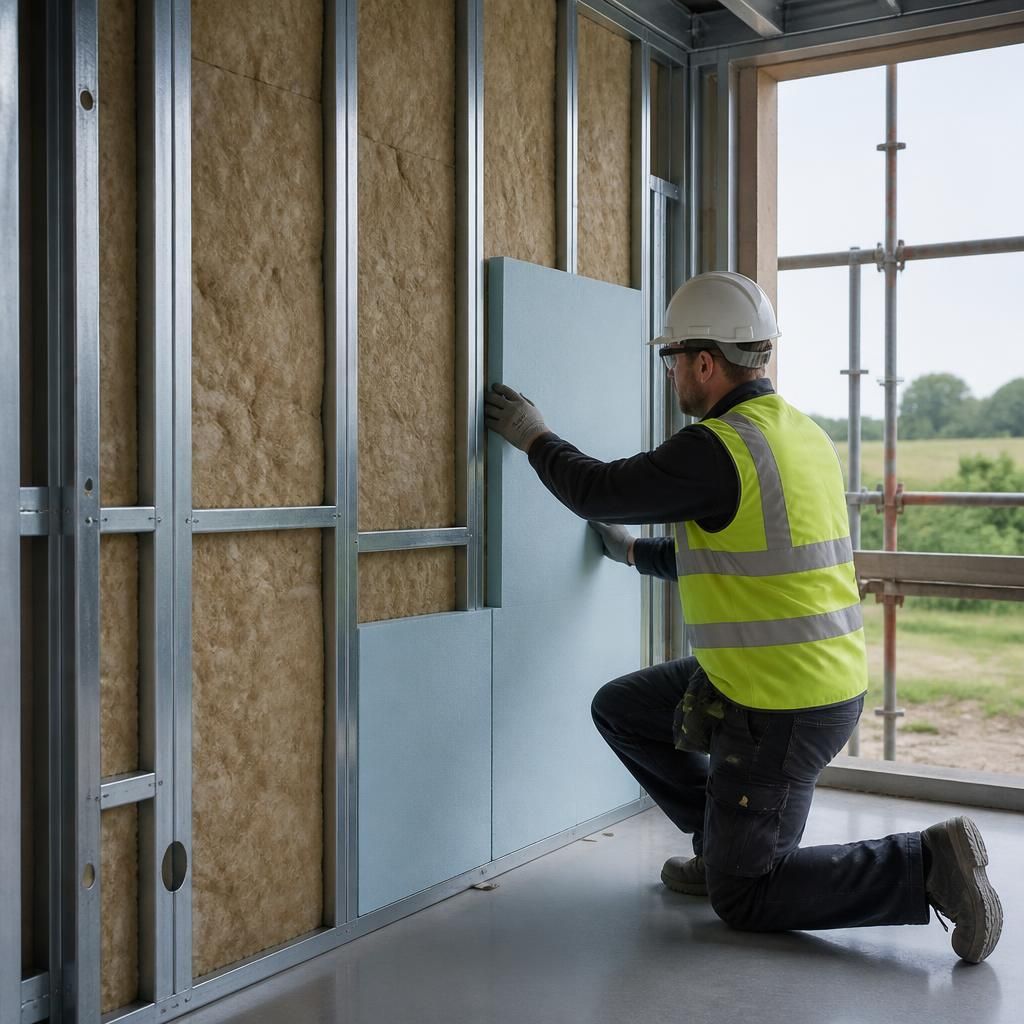 Steel wall frame with insulation boards fitted between and outside the studs