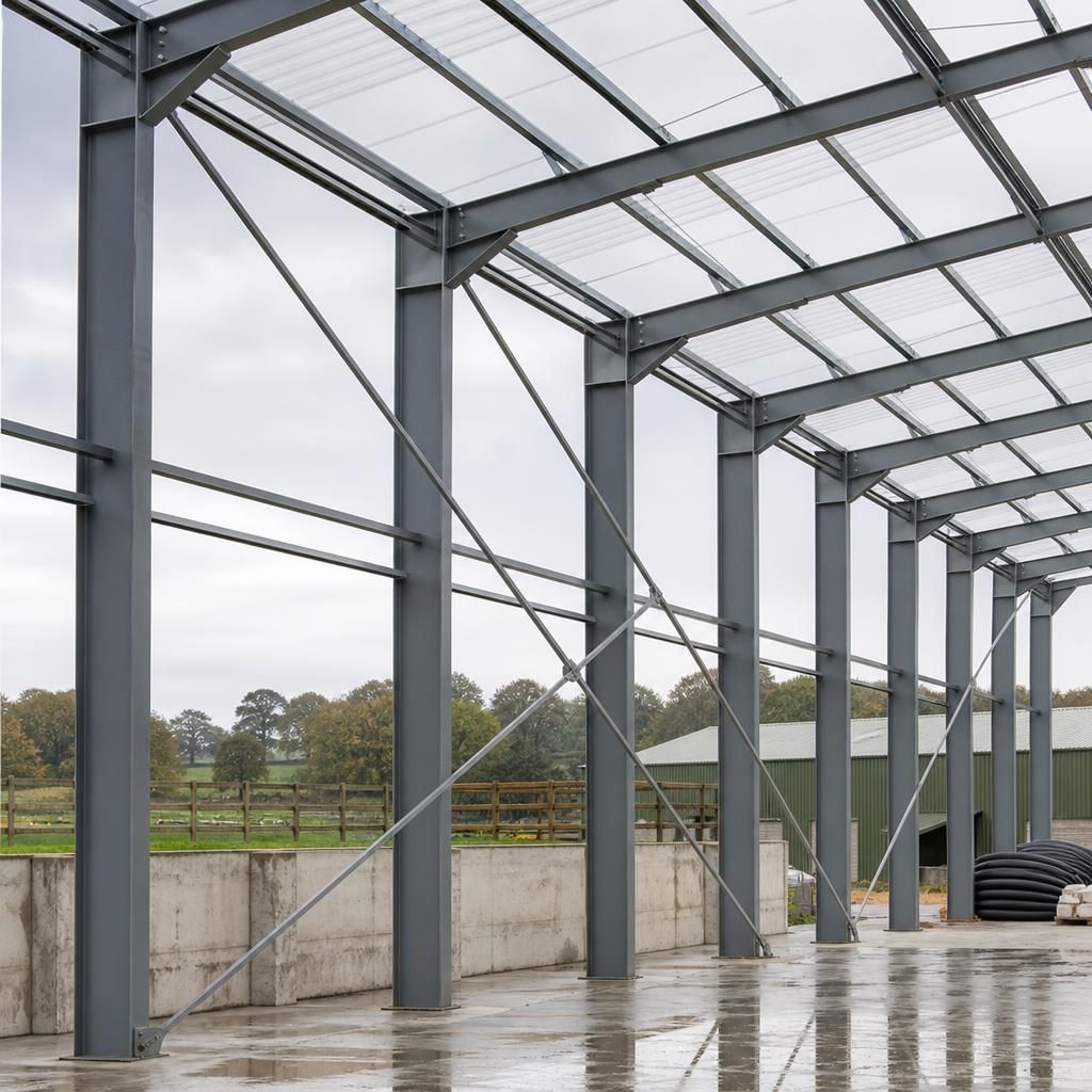 Steel cross-bracing between portal frame columns and roof members