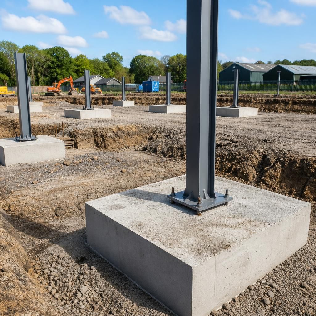 Reinforced concrete pad foundations supporting steel columns before frame erection