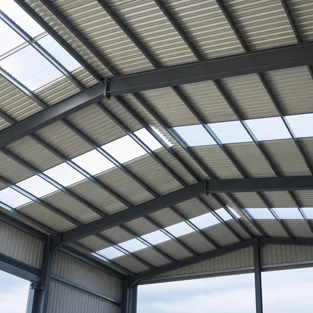 Steel roof frame with purlins, rafters and roof cladding visible from below