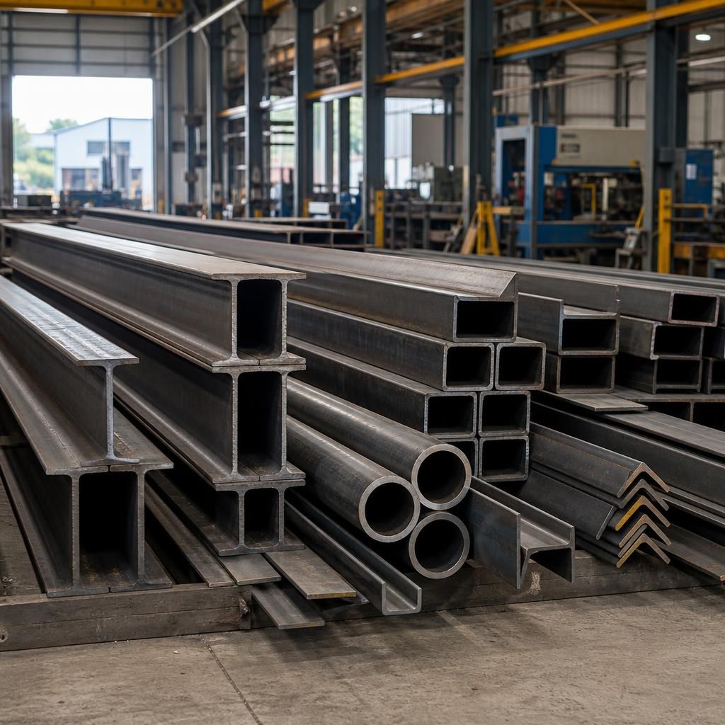 Hot-rolled steel beams, channels and hollow sections arranged on a fabrication floor