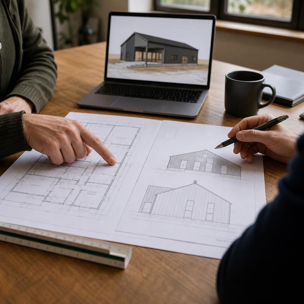 Planning drawings showing the layout and elevations of a steel framed home