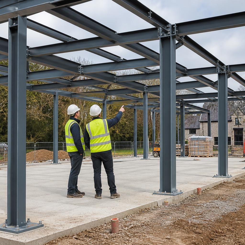 Steel columns and beams connected above a prepared concrete foundation