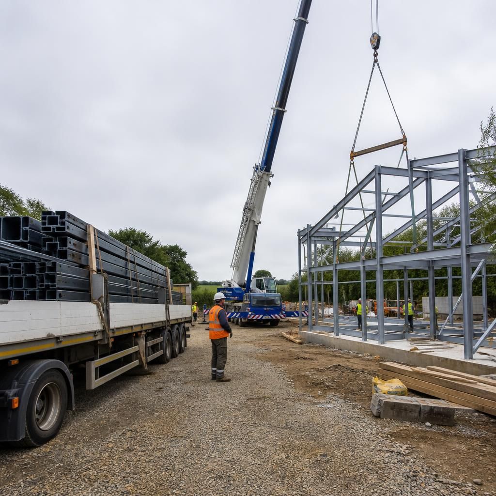 Steel house frame beside a delivery vehicle and mobile crane on a construction site