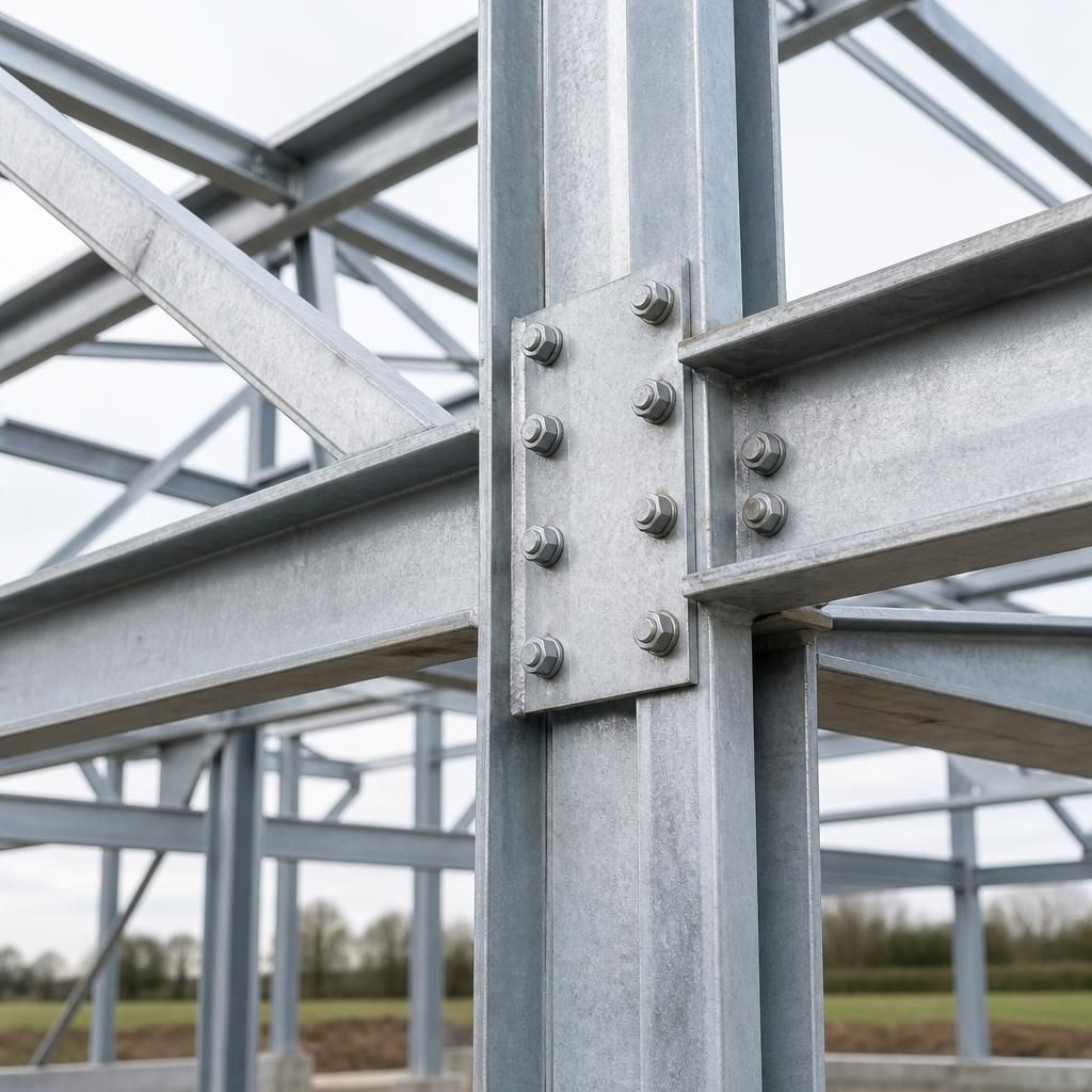 Close-up of coated steel frame joints, bolts and connection plates