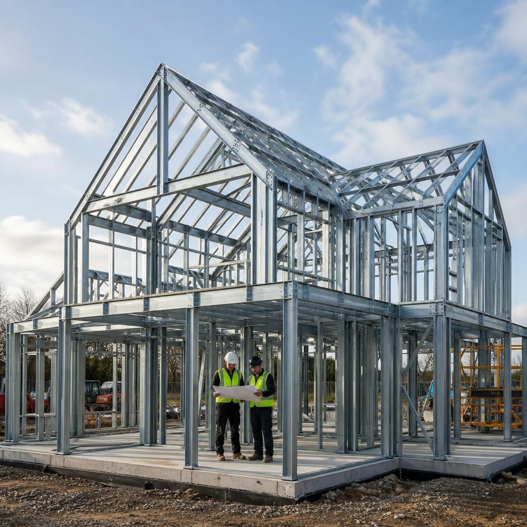 Steel frame house under construction with structural sections and roof trusses in place