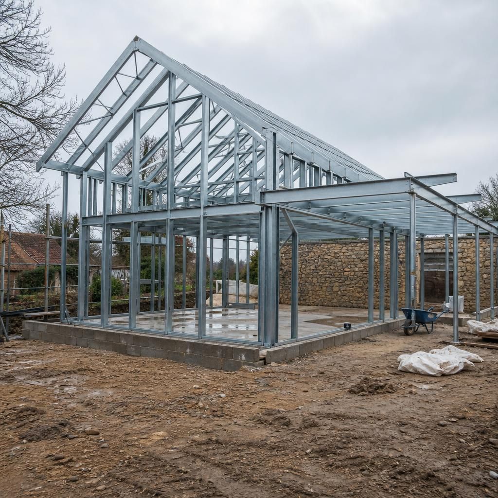Steel frame forming the structure of a house under construction