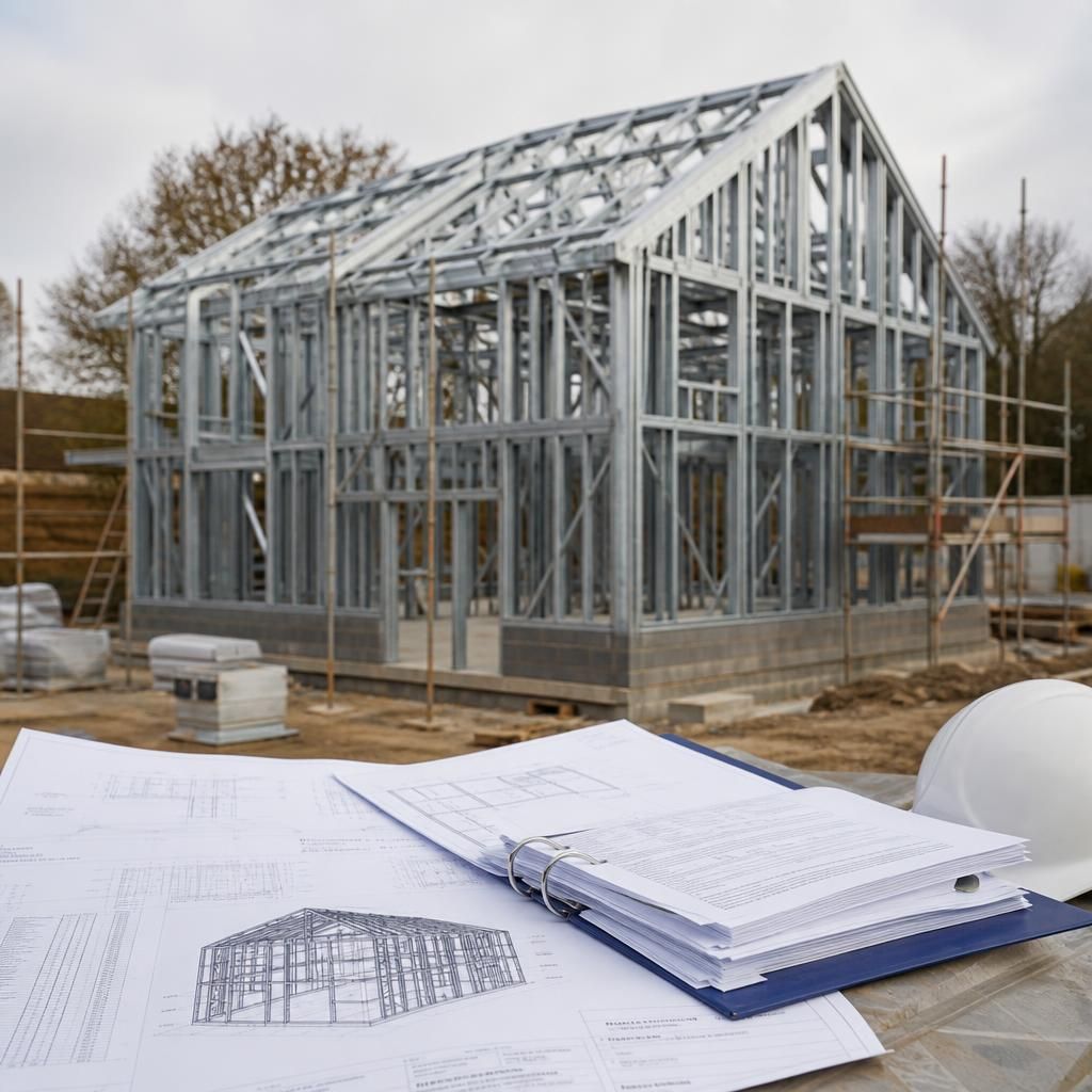 Exposed steel frame house structure beside construction drawings and project documents