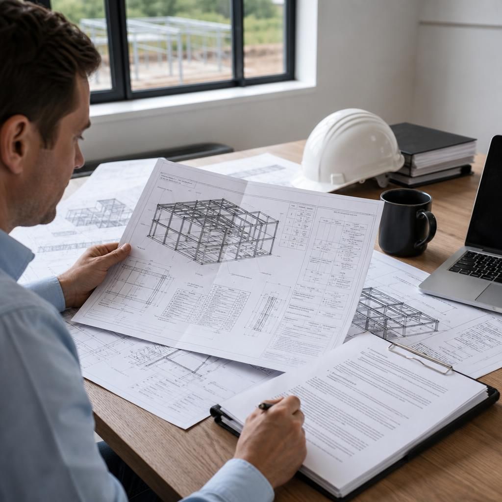Architect reviewing steel frame house drawings and contract documents at a desk