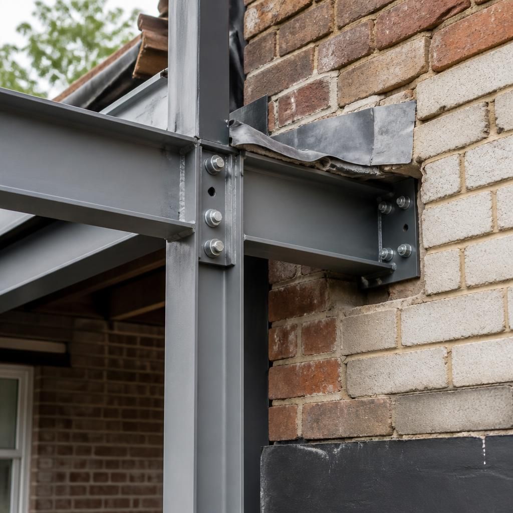 Steel beam and brackets joining a new extension frame to an existing masonry wall
