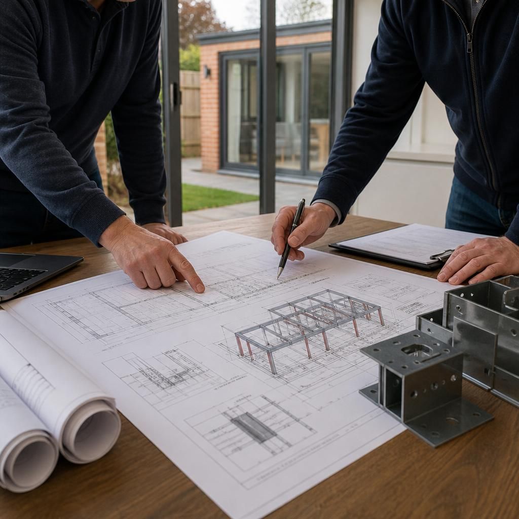 Architectural drawings and steel connection details for a house extension on a desk