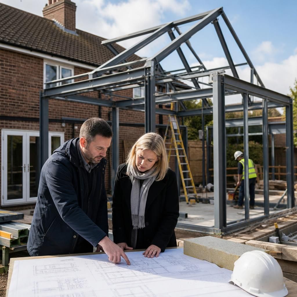 Steel frame house extension beside an existing home, showing the roof structure and insulated wall panels