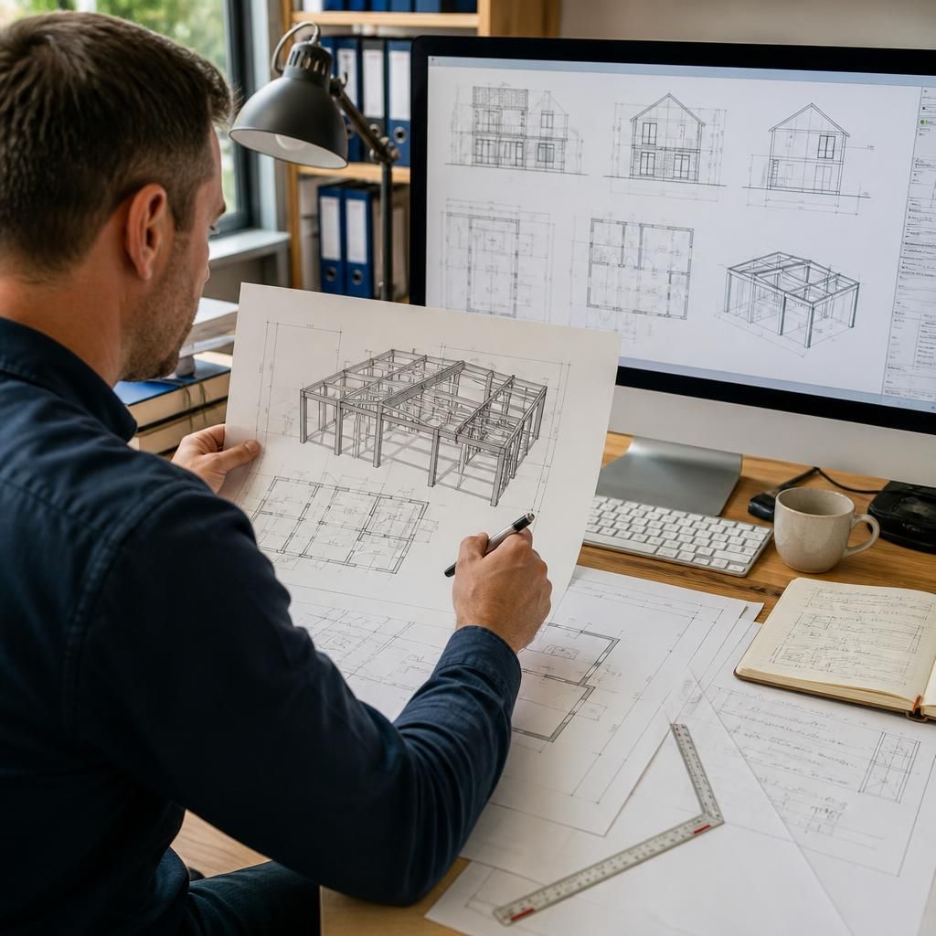 Architect reviewing measured drawings and proposed steel frame details for a house extension