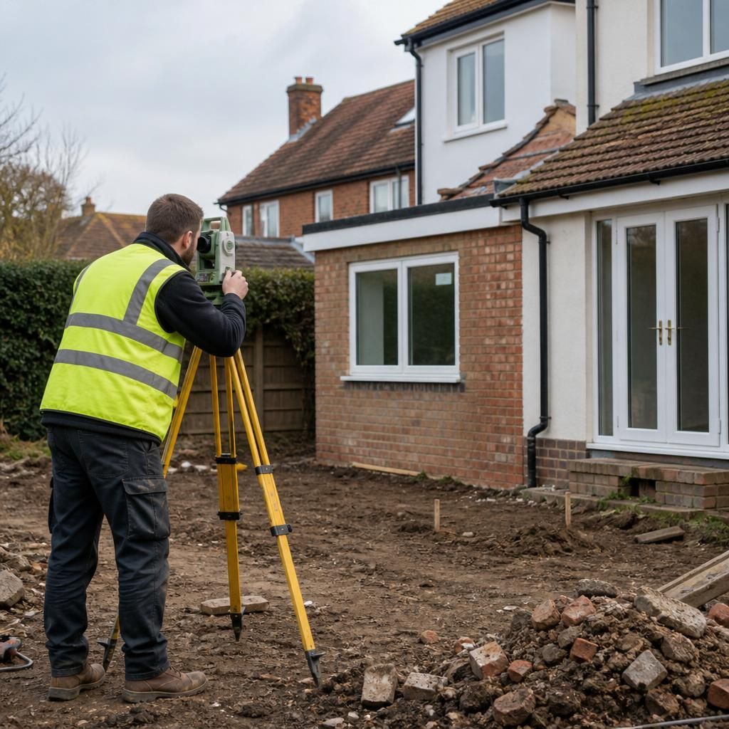 Surveyor measuring the ground beside an existing house for a proposed extension