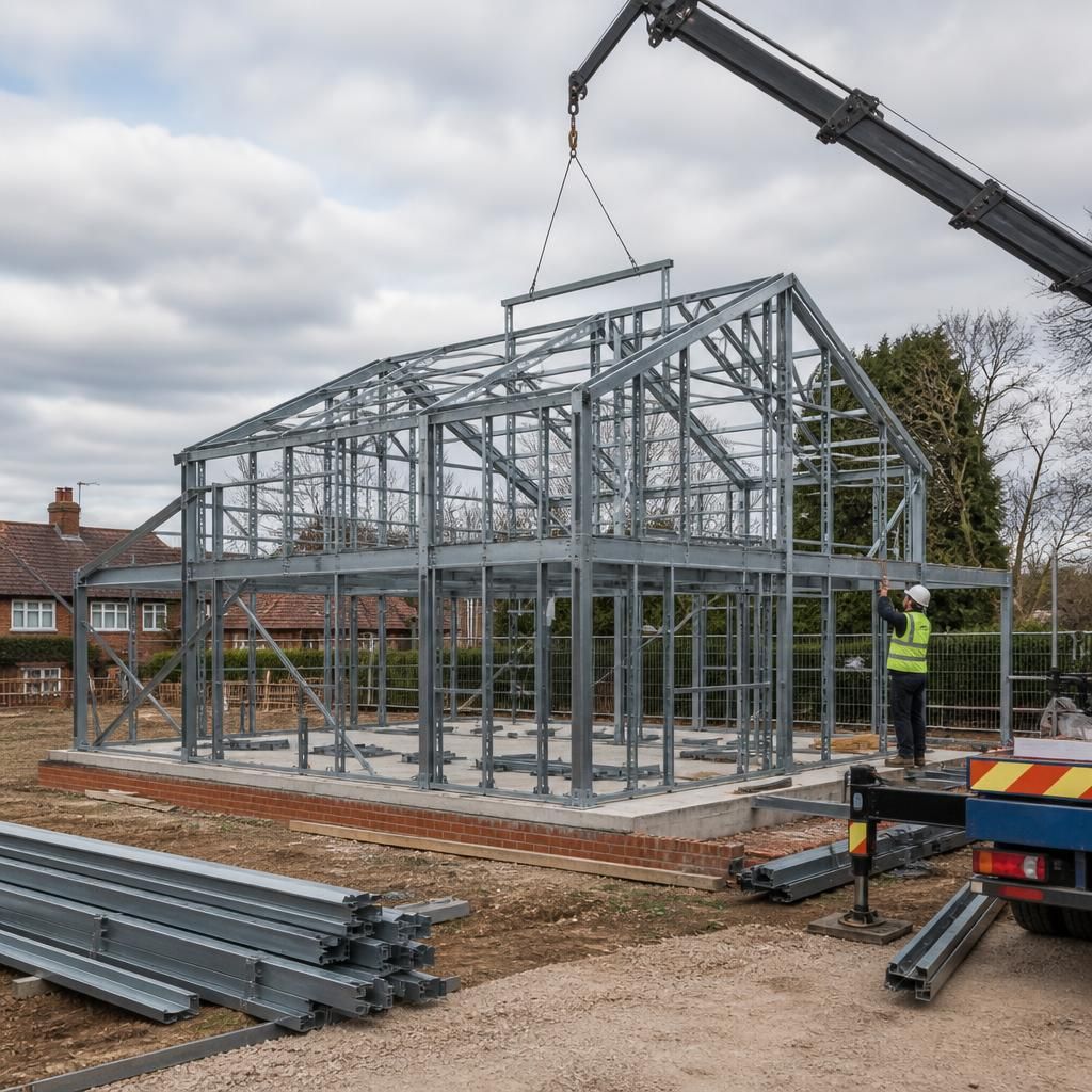 Steel frame being assembled on a prepared foundation at a residential building site