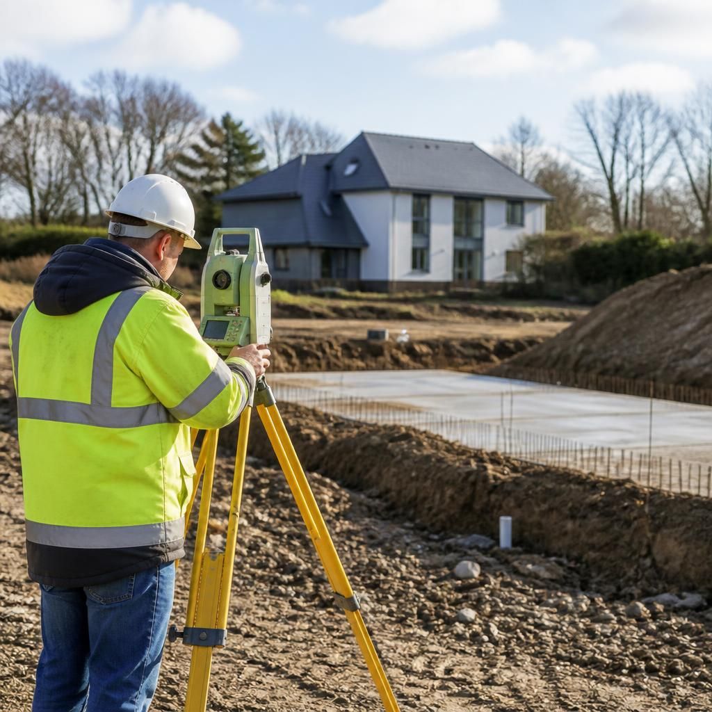Surveyor measuring ground levels at a house construction site
