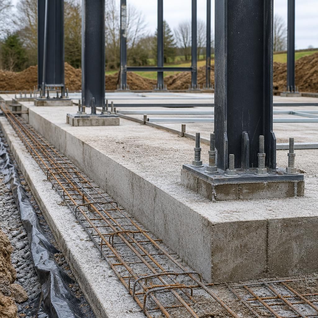 Reinforced concrete foundations prepared for steel frame base connections
