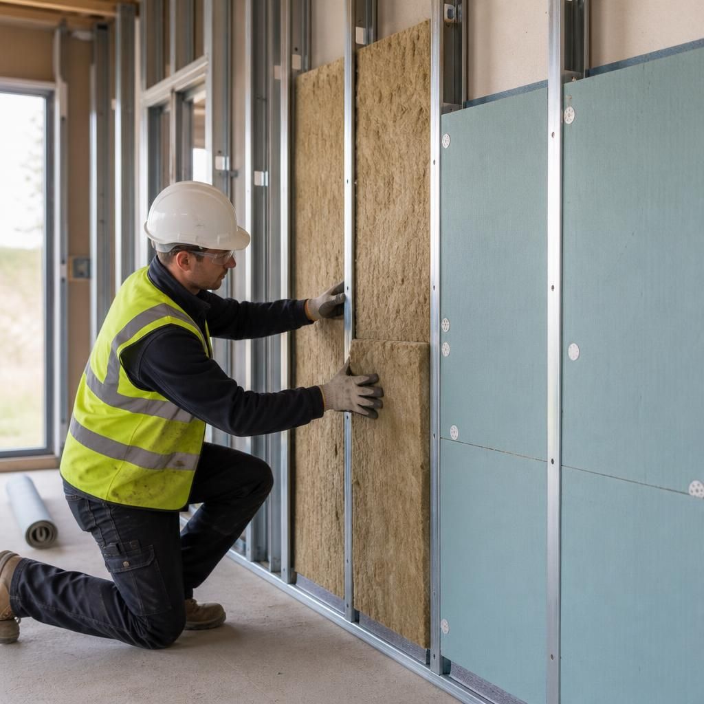 Mineral wool insulation fitted between steel wall studs beside a continuous insulation board