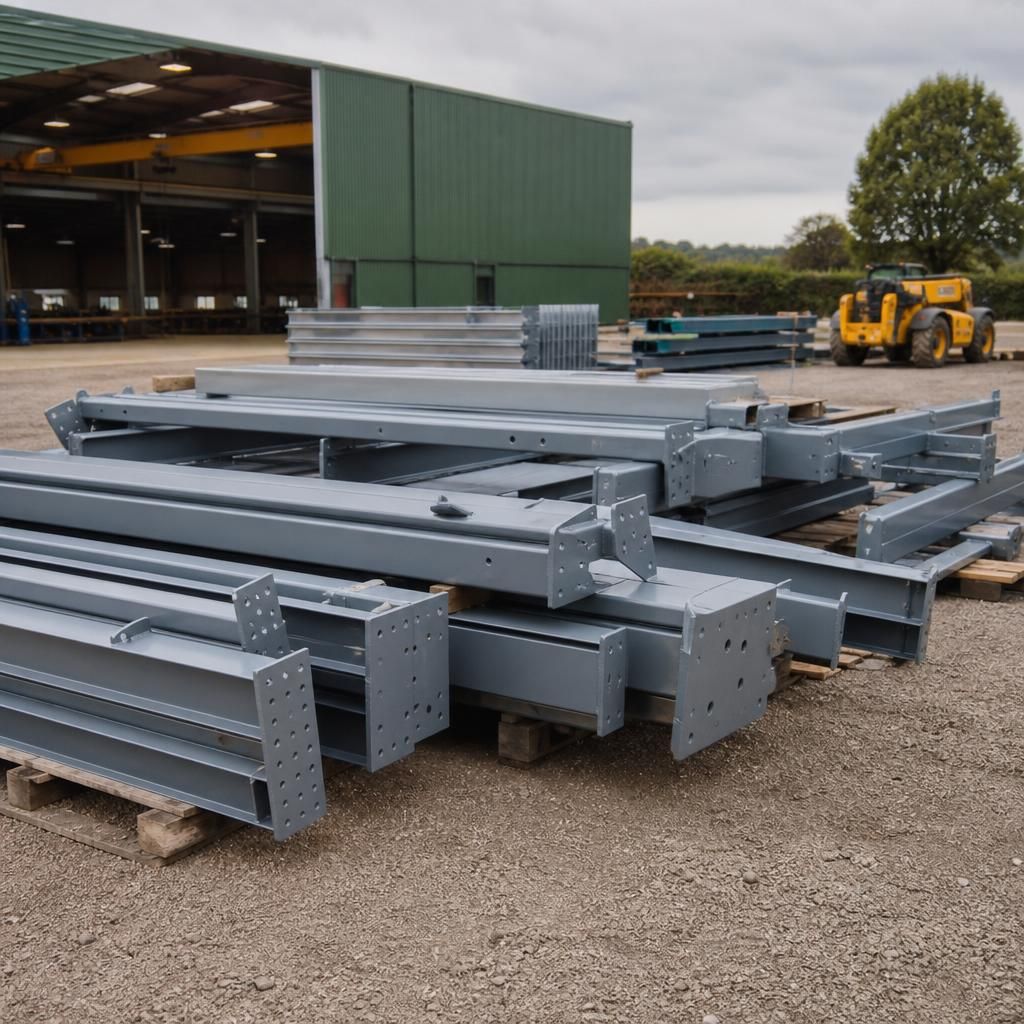 Fabricated steel frame components arranged for assembly into a garage or shed