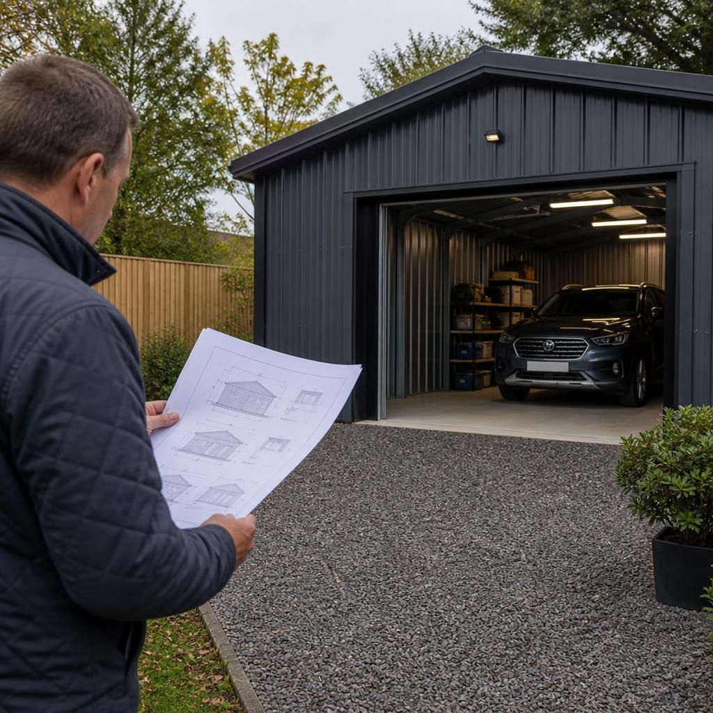 Steel garage planning elevation drawing beside a site plan and boundary measurements