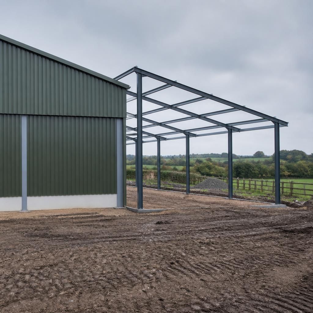 Steel frame bays prepared for a future extension beside a metal storage shed