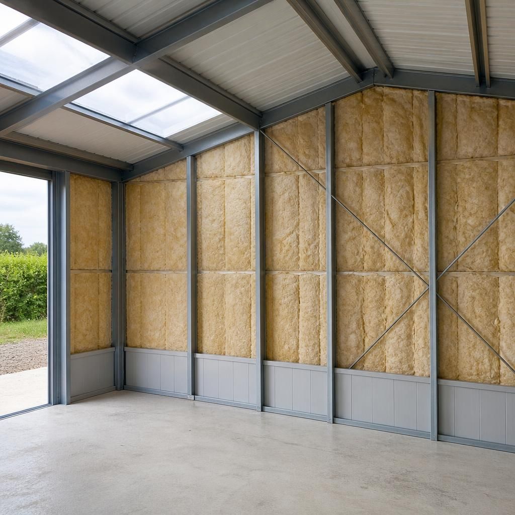 Steel-framed storage shed interior showing insulated wall panels and a lined roof