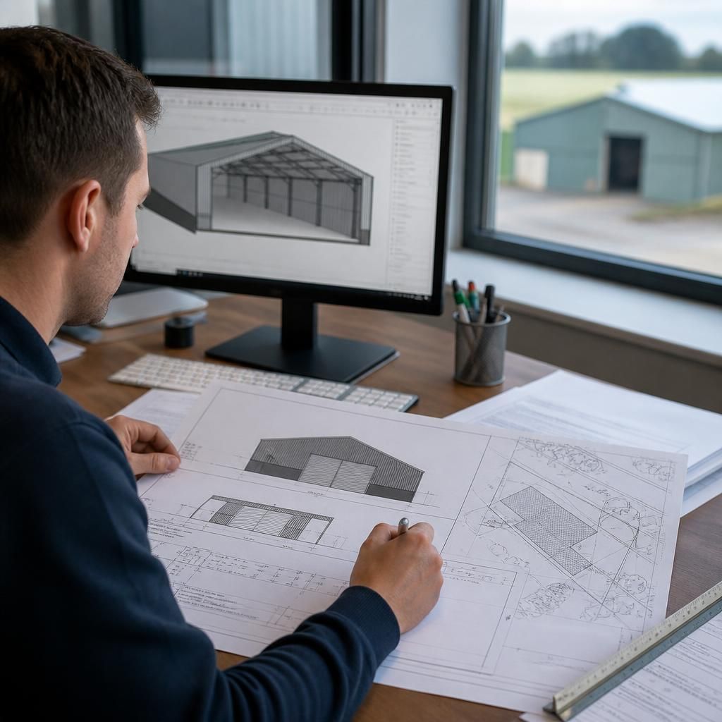 Planning elevation drawings and site plan for a proposed steel storage shed