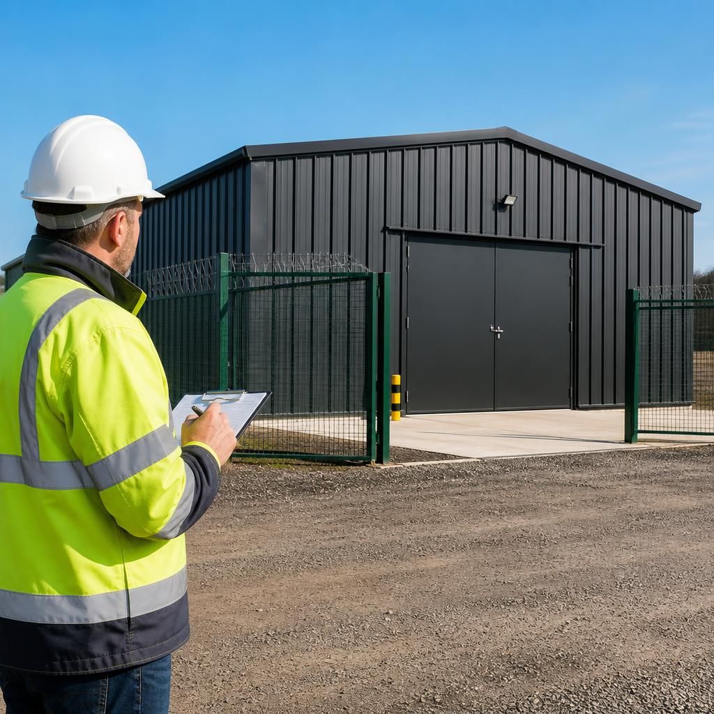 Steel-framed storage shed with closed doors and secure external fencing