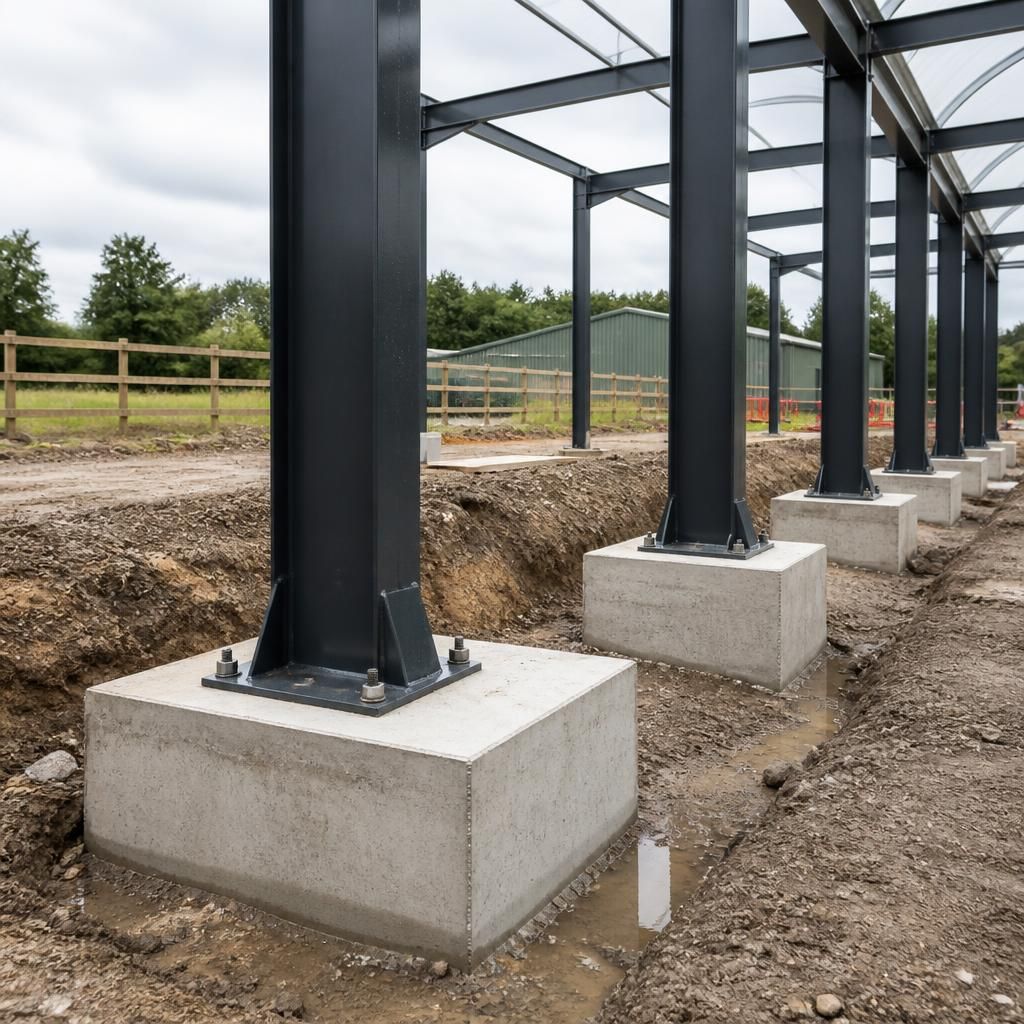 Steel columns fixed to concrete pad foundations during shed construction